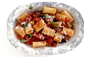 Rigatoni with Eggplant, Tomatoes and Spicy Sausage